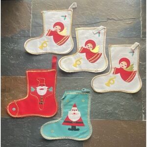 Set 5 Vtg Felt Christmas Stocking  Stockings Santa Angels Green White Red Gold